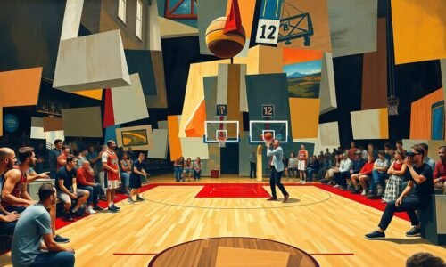 A cubist-style painting depicting a basketball coaching scene, with the players and coaches broken down into sharp, overlapping geometric shapes and planes, conveying the dynamic energy and multiple perspectives of the sport.