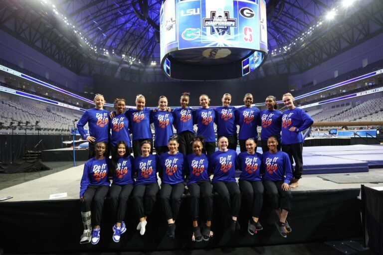 Gators gymnast eMjae Frazier puts helped put Florida into the NCAA Championships on Thursday at Dickies Arena.