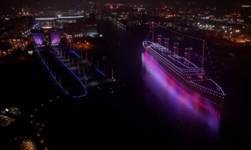 Haunting Titanic tribute made of 950 drones sails through Belfast harbor – but it was kept secret from the public