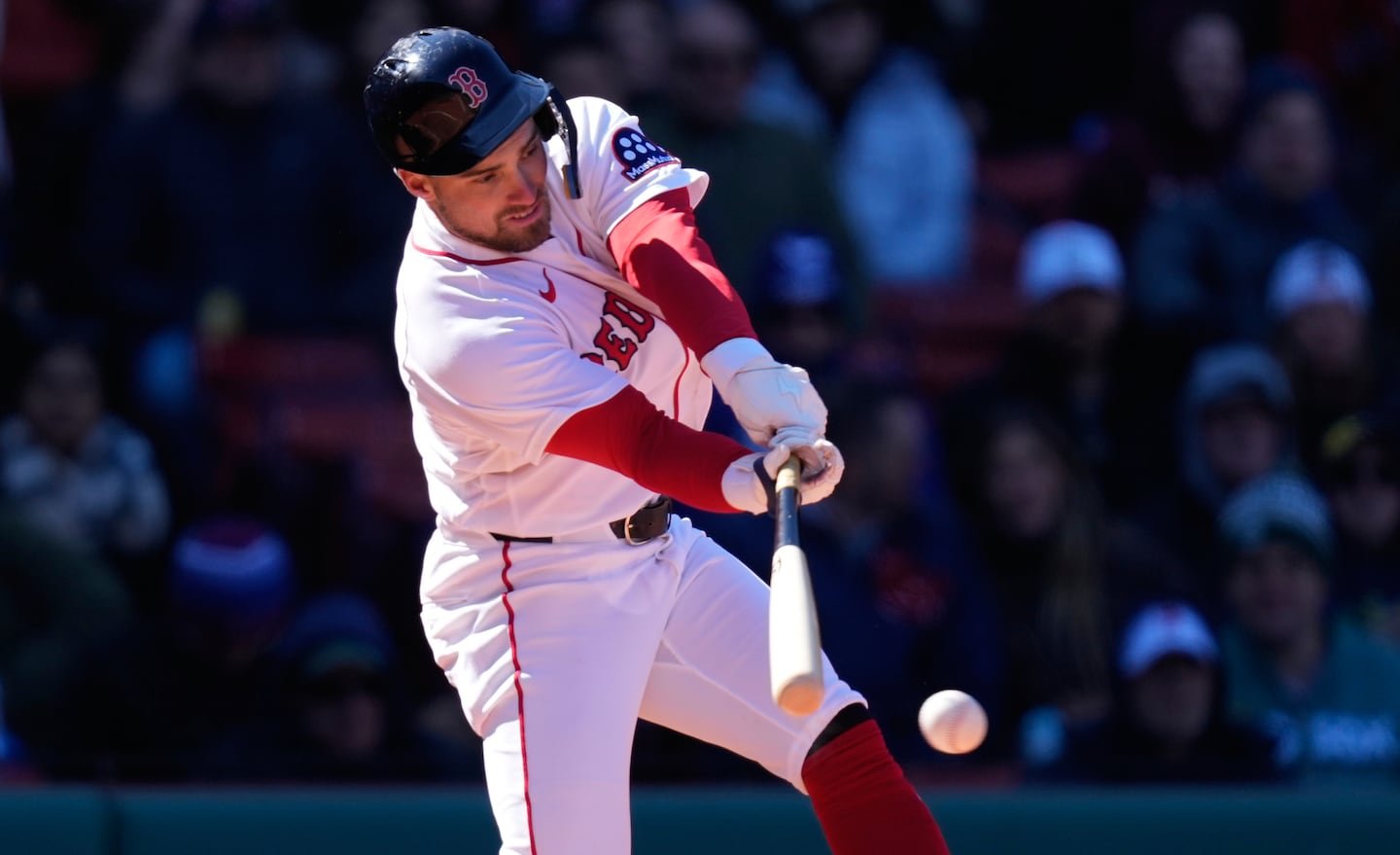 Boston Red Sox's Caleb Durbin during a baseball game at Fenway Park, Wednesday, April 8, 2026, in Boston. (AP Photo/Charles Krupa)