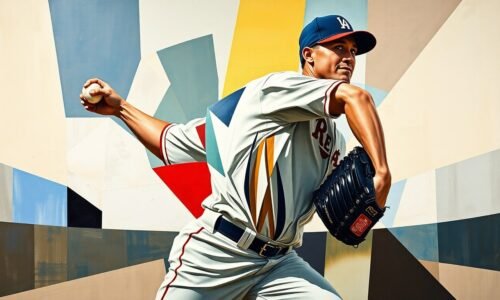 A fragmented, geometric painting depicting a baseball pitcher