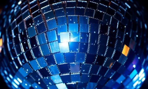 An extreme close-up photograph of shattered glass shards from a disco ball, reflecting dramatic, high-contrast studio lighting to capture the glamorous, high-energy essence of a new dance collaboration.