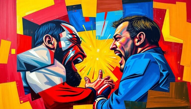 A fractured, cubist-style painting depicting the intense action and energy of a wrestling match between Jey Uso and The Miz, with sharp geometric shapes and vibrant colors capturing the drama and tension of the moment.