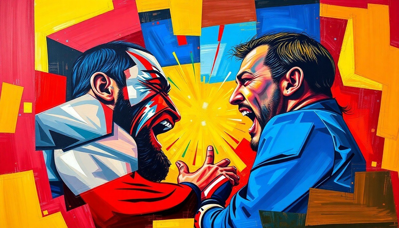 A fractured, cubist-style painting depicting the intense action and energy of a wrestling match between Jey Uso and The Miz, with sharp geometric shapes and vibrant colors capturing the drama and tension of the moment.