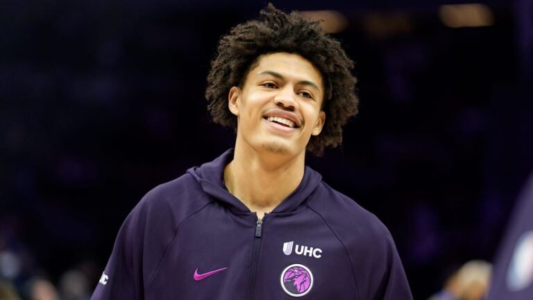 Feb 20, 2026; Minneapolis, Minnesota, USA; Minnesota Timberwolves forward Joan Beringer (19) warms up before a game against the Dallas Mavericks at Target Center. Mandatory Credit: Matt Blewett-Imagn Images