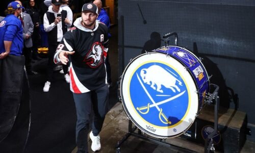 Josh Allen annihilates a beer to fire up the Sabres crowd