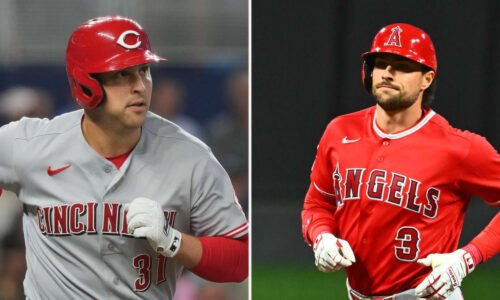 Josh Lowe, Nathaniel Lowe meet ahead of Angels-Reds game