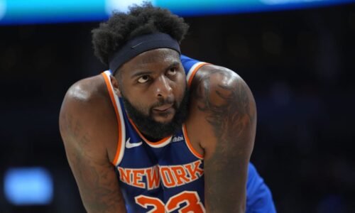 Mar 3, 2026; Toronto, Ontario, CAN; New York Knicks center Mitchell Robinson (23) during a break in the action against the Toronto Raptors during the second half at Scotiabank Arena. Mandatory Credit: John E. Sokolowski-Imagn Images
