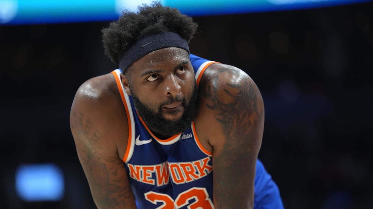 Mar 3, 2026; Toronto, Ontario, CAN; New York Knicks center Mitchell Robinson (23) during a break in the action against the Toronto Raptors during the second half at Scotiabank Arena. Mandatory Credit: John E. Sokolowski-Imagn Images