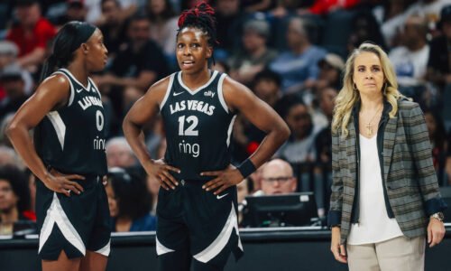 Aces guard Jackie Young (0) and guard Chelsea Gray (12) talk during a free throw next to head c ...