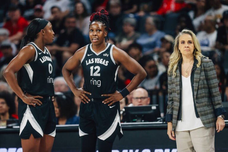 Aces guard Jackie Young (0) and guard Chelsea Gray (12) talk during a free throw next to head c ...