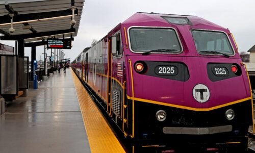 A commuter rail train at the Fall River Depot Station on March 24, 2025.