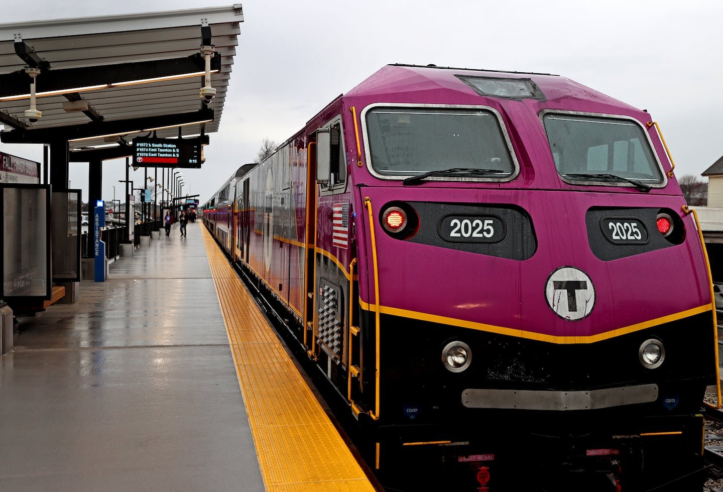 A commuter rail train at the Fall River Depot Station on March 24, 2025.