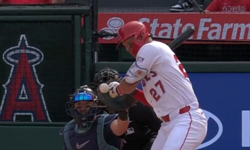 Mike Trout exits after hit by pitch on hand