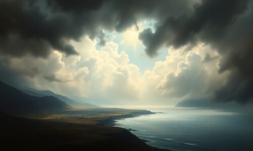 A vast, majestic landscape painting in muted tones of gray, blue, and green, depicting a remote, windswept coastline along the Gulf of Alaska. The scene uses deep atmospheric perspective and dramatic backlighting to convey the overwhelming, sublime scale of the natural environment, with the faint outline of a small fishing village dwarfed by the immense, stormy sky.