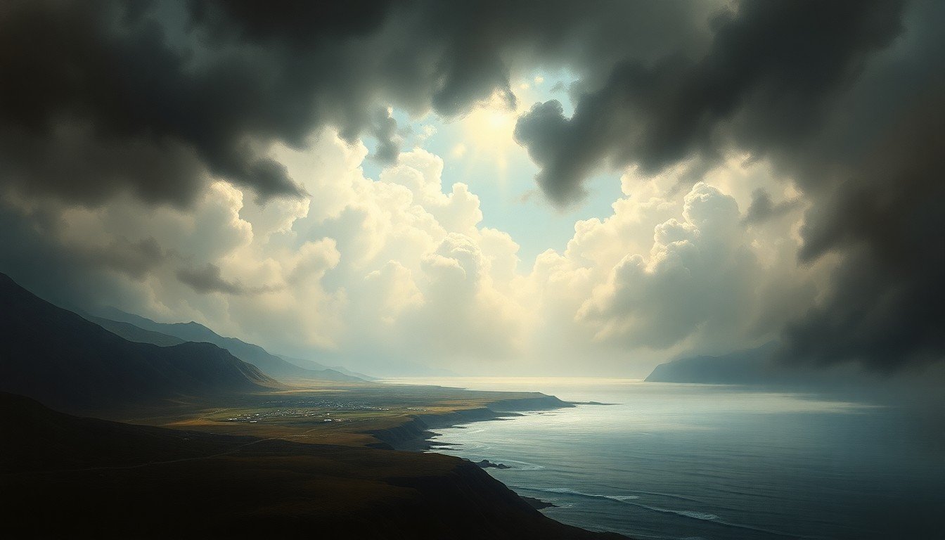 A vast, majestic landscape painting in muted tones of gray, blue, and green, depicting a remote, windswept coastline along the Gulf of Alaska. The scene uses deep atmospheric perspective and dramatic backlighting to convey the overwhelming, sublime scale of the natural environment, with the faint outline of a small fishing village dwarfed by the immense, stormy sky.