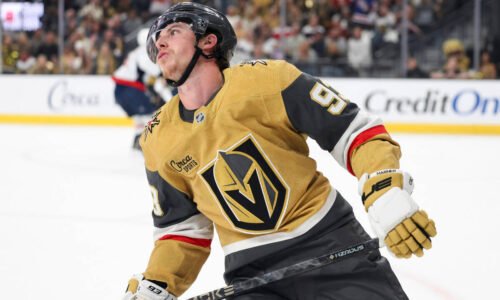 Vegas Golden Knights right wing Mitch Marner (93) reacts after shot is stopped against the Wash ...