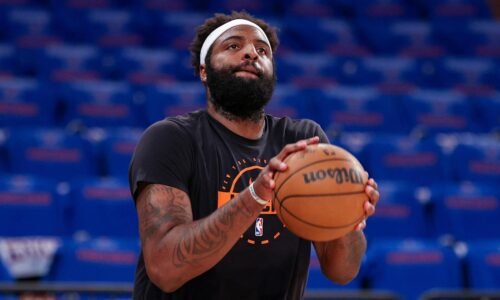Apr 18, 2026; New York, New York, USA; New York Knicks center Mitchell Robinson (23) warms up before the 2026 NBA Playoffs game against the Atlanta Hawks at Madison Square Garden. Mandatory Credit: Vincent Carchietta-Imagn Images