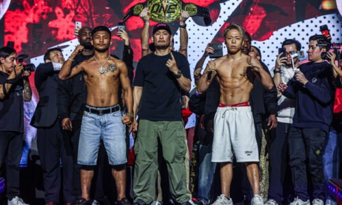 Rodtang Jitmuangnon and Takeru Segawa face off on stage ahead of their rematch at ONE SAMURAI 1