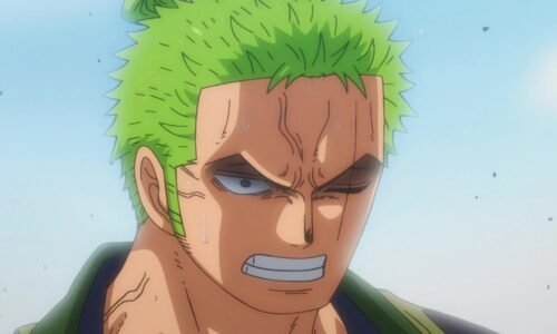 One Piece character with green hair grimacing.
