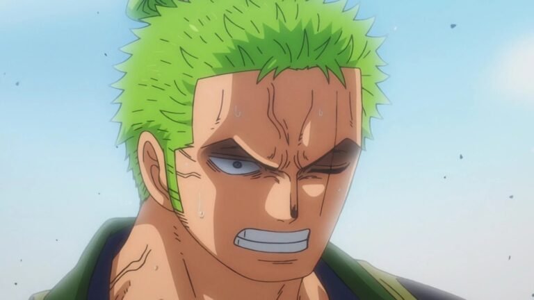 One Piece character with green hair grimacing.