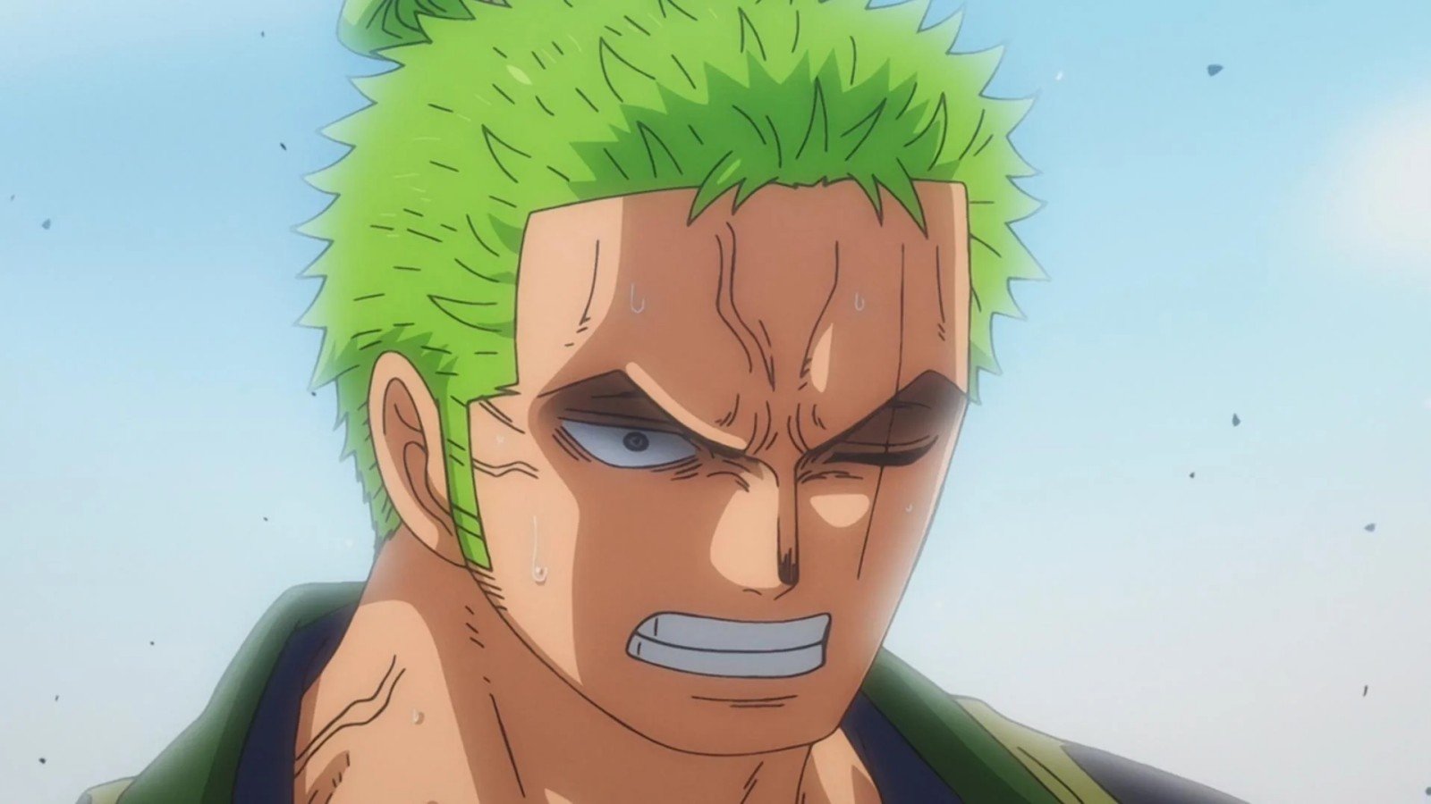 One Piece character with green hair grimacing.