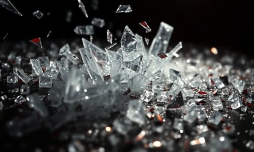 An abstract close-up image featuring shards of shattered glass and glittering sequins, captured in dramatic high-contrast studio lighting to convey the captivating blend of glamour and grit in prestige television crime dramas.