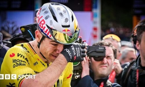 Wout van Aert celebrates winning Paris-Roubaix