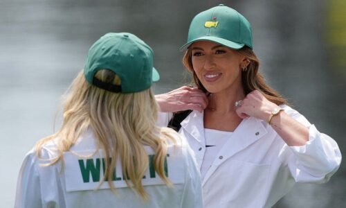 Paulina Gretzky caddies for Dustin Johnson at Masters Par 3 Contest