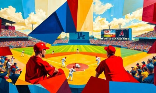 A fragmented, geometric painting depicting a baseball game in progress, with the players and field broken down into sharp, overlapping shapes and planes in a vibrant color palette, capturing the strategic tension of the matchup between the Phillies and Diamondbacks.