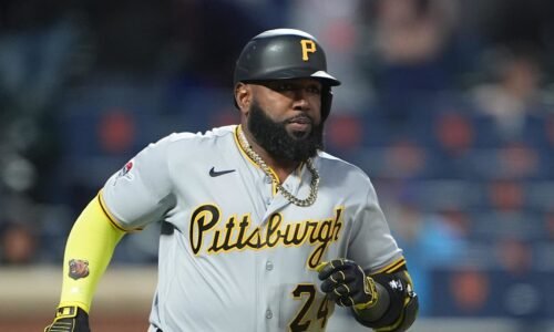Mar 28, 2026; New York City, New York, USA; Pittsburgh Pirates designated hitter Marcell Ozuna (24) runs out a single against the New York Mets during the eleventh inning at Citi Field. Mandatory Credit: Gregory Fisher-Imagn Images
