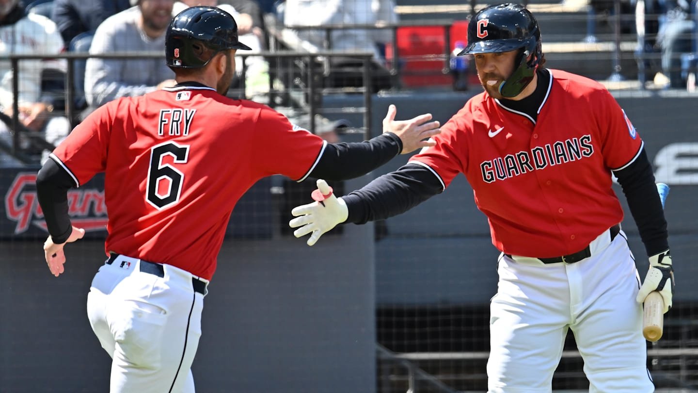 Apr 8, 2026: Cleveland Guardians designated hitter David Fry (6) celebrates with first baseman Rhys Hoskins (8) after scoring during the first inning against the Kansas City Royals at Progressive Field.