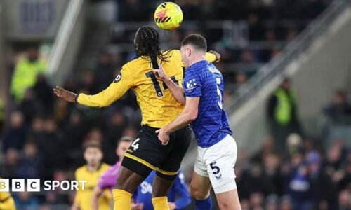 Everton's Michael Keane pulls the hair of Wolves' Tolu Arokodare