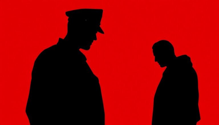 An abstract, minimalist illustration featuring sharp, angular black silhouettes of police officers and criminals set against a bold red background, conceptually representing the influential crime dramas that redefined television.