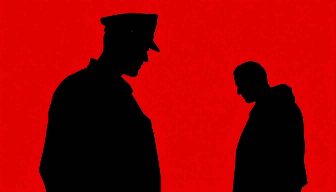 An abstract, minimalist illustration featuring sharp, angular black silhouettes of police officers and criminals set against a bold red background, conceptually representing the influential crime dramas that redefined television.