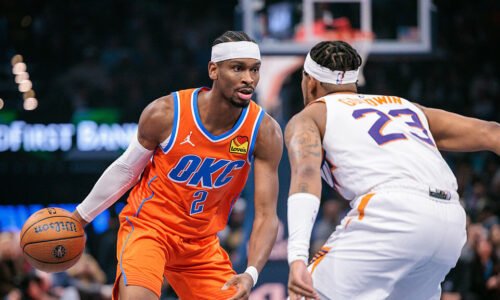 Shai Gilgeous-Alexander #2 of the Oklahoma City Thunder brings the ball up court around Jordan Good...