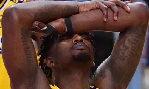 Apr 30, 2025; Los Angeles, California, USA; Los Angeles Lakers forward Dorian Finney-Smith (17) reacts after being called for a foul during the second half in game five of first round for the 2025 NBA Playoffs at Crypto.com Arena. Mandatory Credit: Gary A. Vasquez-Imagn Images