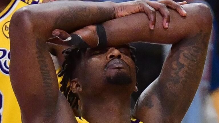 Apr 30, 2025; Los Angeles, California, USA; Los Angeles Lakers forward Dorian Finney-Smith (17) reacts after being called for a foul during the second half in game five of first round for the 2025 NBA Playoffs at Crypto.com Arena. Mandatory Credit: Gary A. Vasquez-Imagn Images