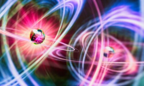 An illustration of two particles as glowing geodesic shapes surrounded be halos of pink, yellow and blue light