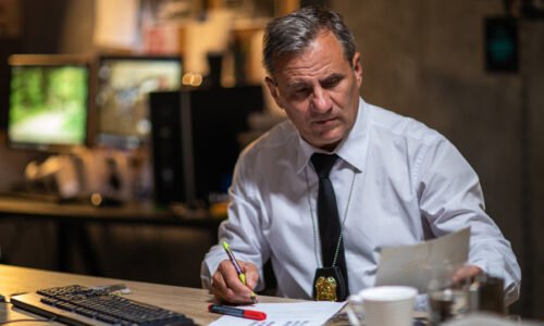 Gray-haired police officer in white shirt working late at night in the office, sitting at desk, looking at photograph and writing
