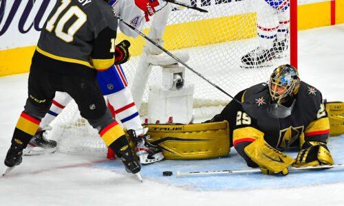 Jun 22, 2021; Las Vegas, Nevada, USA; Vegas Golden Knights center Nicolas Roy (10) checks Montreal Canadiens right wing Joel Armia (40) as goaltender Marc-Andre Fleury (29) keeps the puck out of his net during the second period of game five of the 2021 Stanley Cup Semifinals at T-Mobile Arena. Mandatory Credit: Stephen R. Sylvanie-Imagn Images
