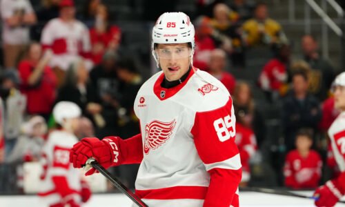 Nov 4, 2025; Las Vegas, Nevada, USA; Detroit Red Wings left wing Elmer Soderblom (85) warms up before a game against the Vegas Golden Knights at T-Mobile Arena. Mandatory Credit: Stephen R. Sylvanie-Imagn Images
