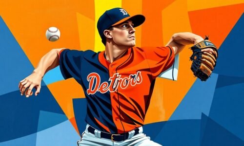 A fractured, multi-perspective painting depicting a baseball pitcher