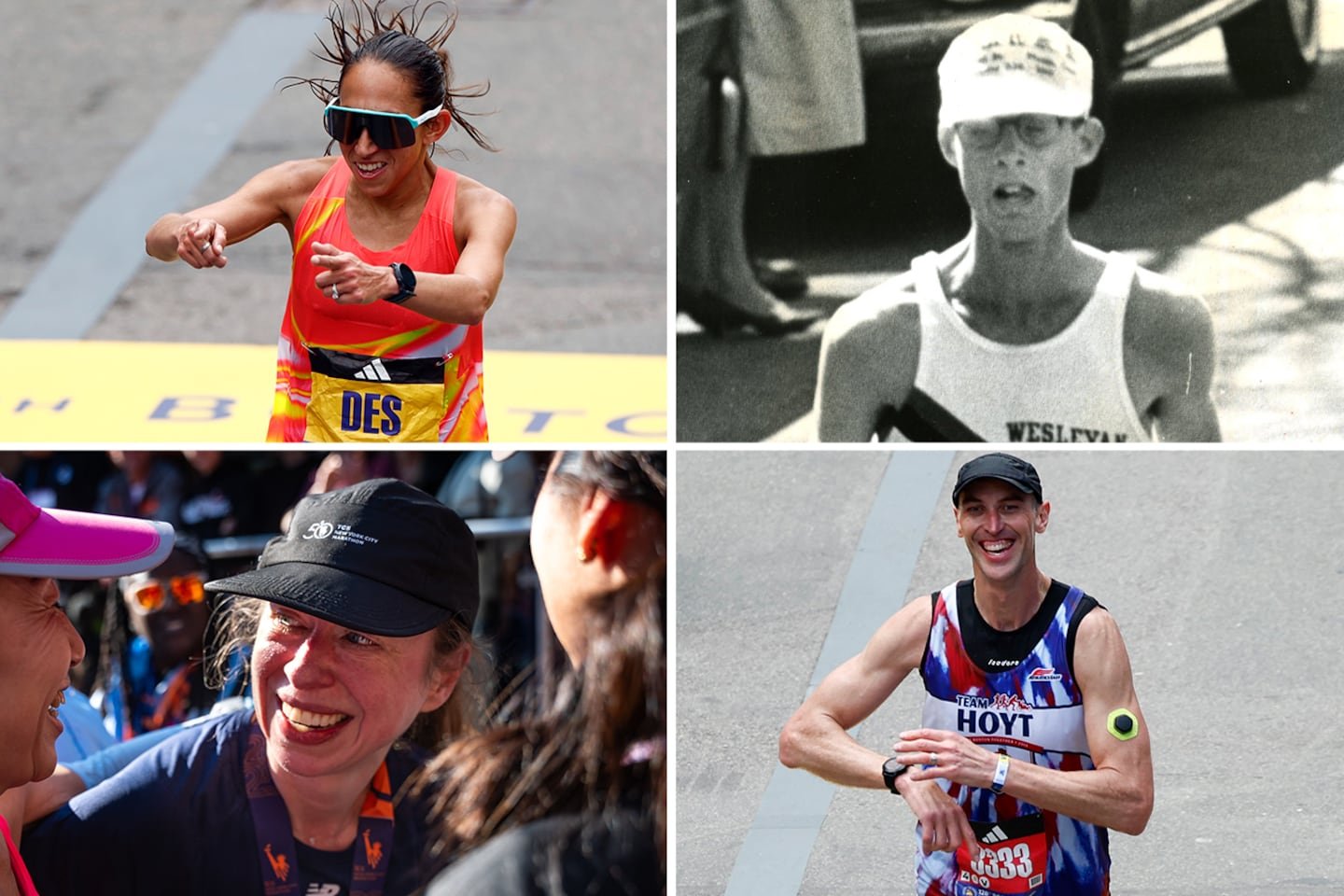 Clockwise from top left, Des Linden, Amby Burfoot, Zdeno Chara, and Chelsea Clinton are all slated to run the Boston Marathon this year.