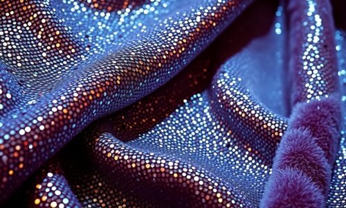 An extreme close-up of shimmering cruise ship decor textures like sequins and polished chrome, conceptually representing the glamour and luxury of the Northernlion Supercruise event.