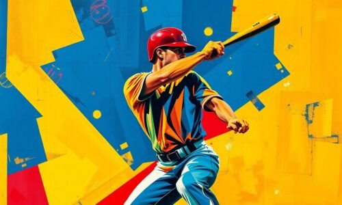 A cubist, geometric painting depicting a baseball player