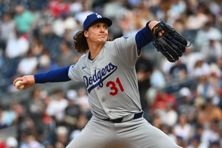 Apr 4, 2026; Washington, District of Columbia, USA; Los Angeles Dodgers pitcher Tyler Glasnow (31) throws to the Washington Nationals during the second inning at Nationals Park. Mandatory Credit: Brad Mills-Imagn Images