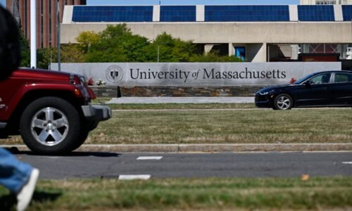 Cars passed the University of Massachusetts Amherst in September 2025.