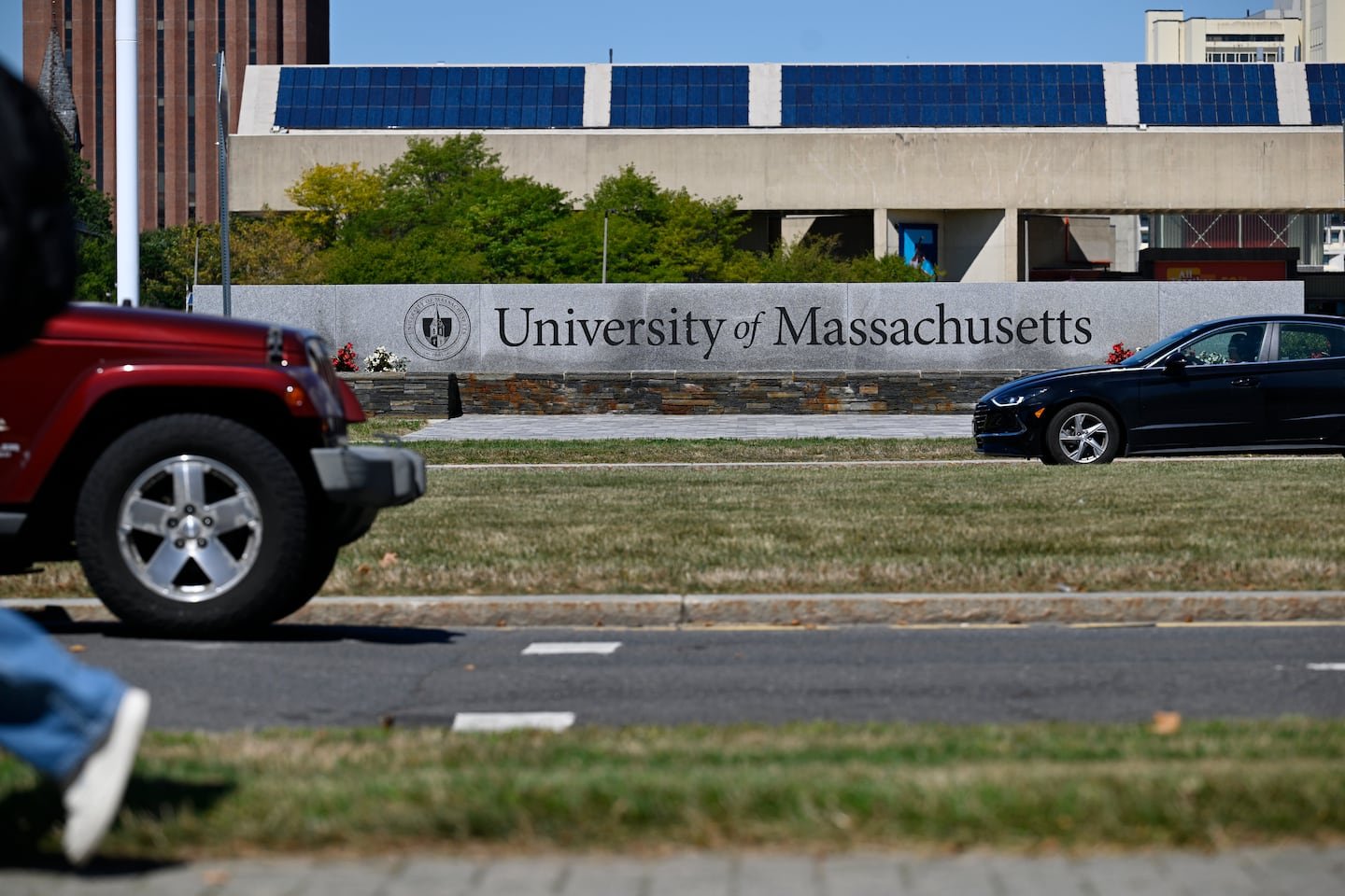 Cars passed the University of Massachusetts Amherst in September 2025.