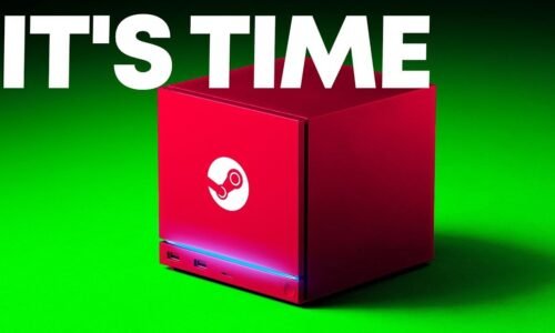 Valve Steam Machine console resting on a gaming desk